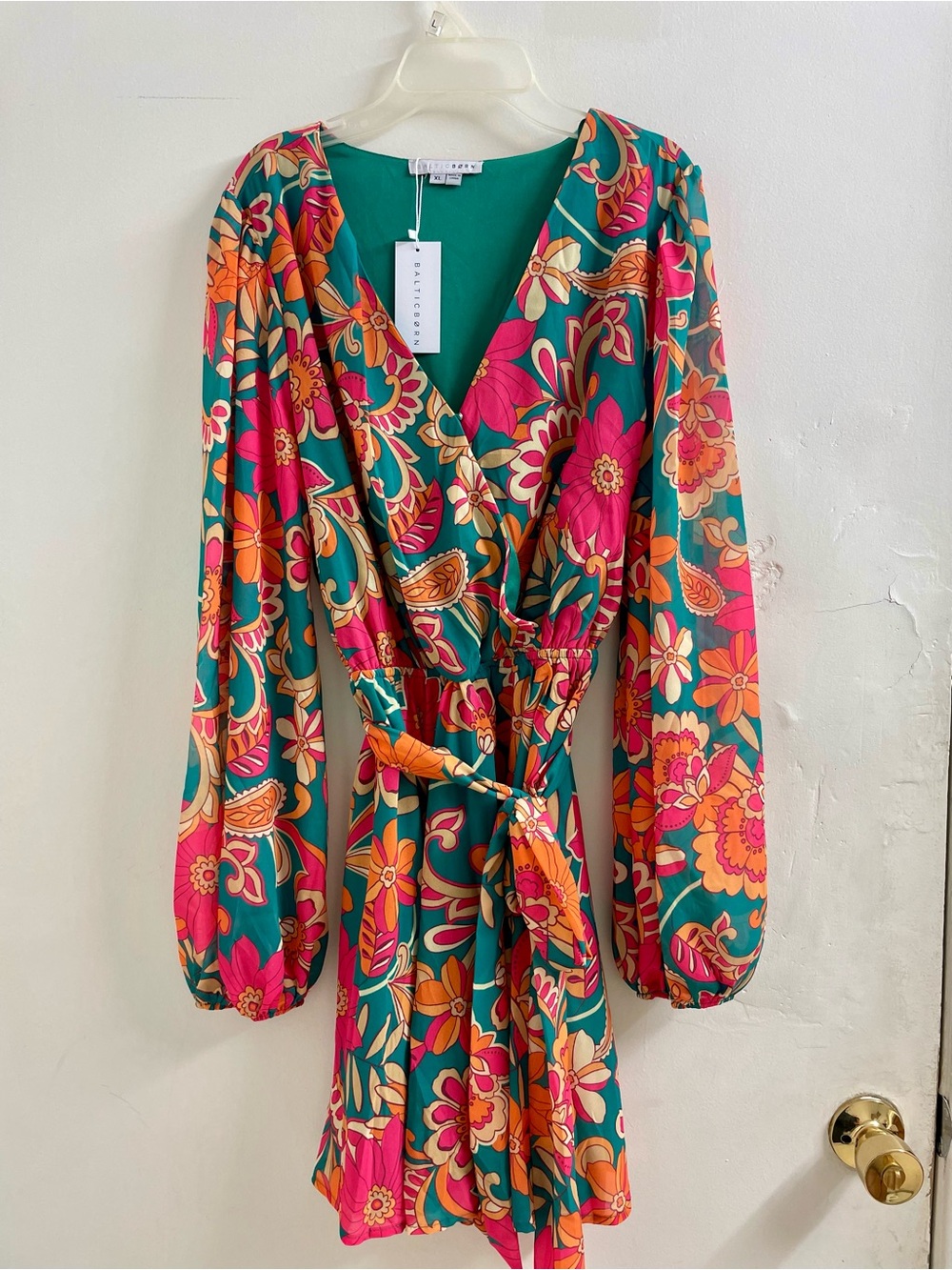 Baltic Born Teal Floral Wrap Mini Dress with Pink & Orange Blooms